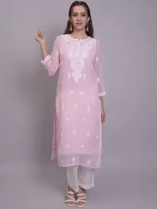Seva Chikan Ethnic Motifs Embroidered Round Neck Three Quarter Sleeves Straight Kurta