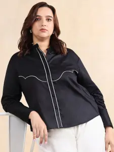 RAREISM Women Plus Size Comfort Band Collar Solid Cotton Formal Shirt