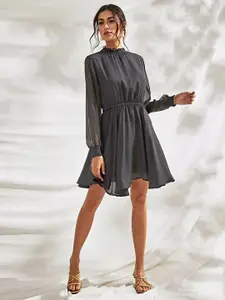 ODETTE Women Mock Neck Cuffed Sleeves Above Knee Fit and Flare Dress