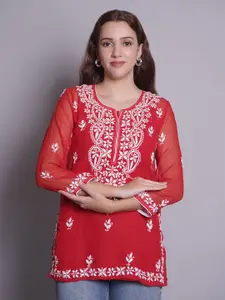 Seva Chikan Ethnic Motifs Embroidered Chikankari Kurti & Slip