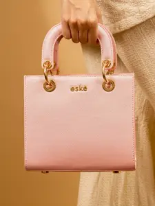 eske Women Pink Solid Gold Hardware Turn Lock Adjustable Strap Leather Handheld Handbag