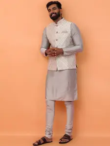 KISAH Mandarin Collar Straight Kurta With Churidar & Woven Design Nehru jacket