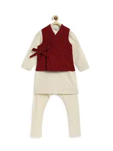 Tiber Taber Boys Band Collar Pure Cotton Maharajah Kurta With Churidar & Jacket