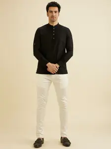 Manyavar Mandarin Collar Roll-Up Sleeves Cotton Straight Short Kurta