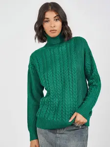Styli Women Boxy Fit Regular Length Chunky Cable Knit Turtleneck Pullover Sweater