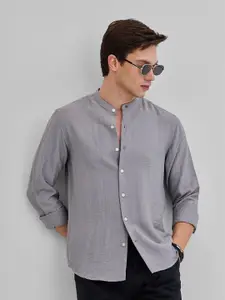 Snitch Men Smart Band Collar Solid Linen Casual Shirt