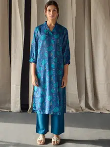 Bombay Bloom Floral Printed V-Neck Thread Work A-Line Kurta