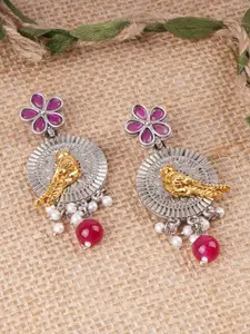 Adwitiya Collection Silver-Plated Ruby & Pearls Bird Design Oxidised Drop Earrings