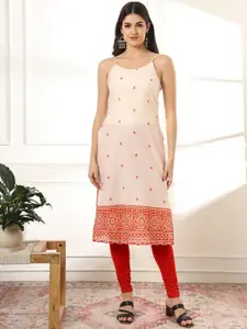 Anouk Floral Printed Shoulder Straps Pure Cotton Straight Kurta