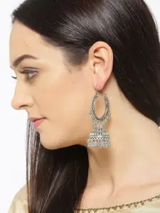 YouBella Silver-Plated Dome Shaped Beaded Oxidised Jhumkas