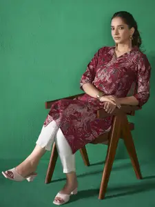 Anouk Floral Printed Shirt Collar Straight Kurta