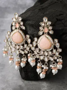 KARATCART Rose Gold-Plated Kundan Stone Studded & Beaded Contemporary Drop Earrings