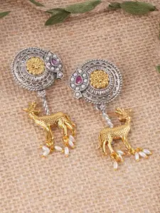 Adwitiya Collection Silver-Plated Ruby and Pearls Deer & Flower Oxidised Drop Earrings