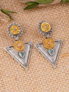 Adwitiya Collection Silver-Plated Triangle Filigree Oxidised Flower Crystals Drop Earrings