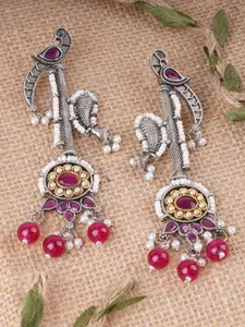 Adwitiya Collection Silver-Plated Peacock Design Ruby & Pearls Oxidised Drop Earrings