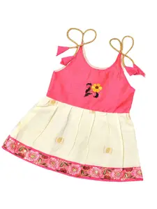 BAESD Girls Embroidered Kerala Onam Tissue Cotton Tie-Ups Fit and Flare Dress
