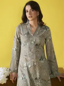 Anouk Floral Printed V-Neck Bell Sleeves Straight Kurta