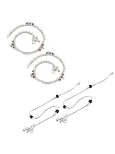 Lila Set of 2 Silver-Plated Stone Studded & Beaded Anklets