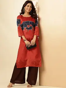 Vbuyz Animal Printed Round Neck Three Quarter Sleeves Straight Kurta