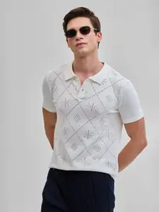 Snitch Men Self Design Polo Collar Cotton Slim Fit T-shirt