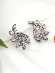 Adwitiya Collection Rhodium-Plated Flower Design AD Studded Drop Earrings