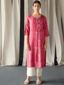 Bombay Bloom Floral Printed Round Neck Jacquard A-Line Kurta