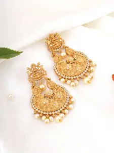 Adwitiya Collection Gold-Plated Divine Lakshmi Temple Stone Studded & Pearls Drop Earrings