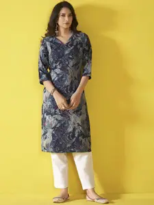 Anouk Floral Printed Shirt Collar Straight Kurta