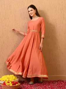 DECKEDUP Solid Round Neck Three-Quarter Sleeves Maxi Dress