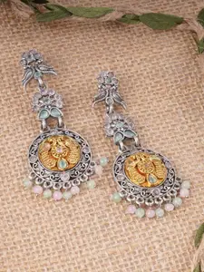 Adwitiya Collection Silver Plated Peacock & Pigeon Design Pearls Oxidised Drop Earrings