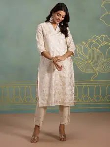 Likha Floral Woven Design V-Neck Three-Quarter Sleeves Regular Chanderi Silk Kurta