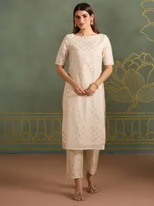 Likha Floral Floral Woven Design Straight Round Neck Short Sleeves Chanderi Silk Kurta