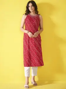 Anouk Bandhani Printed Thread Work Boat Neck Straight Kurta