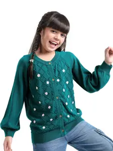 ARIAS By LARA DUTTA Girls Cotton Floral Jacquard Front Button Open Sweater
