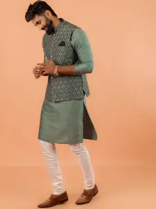 KISAH Mandarin Collar Straight Kurta With Churidar & Woven Design Nehru jacket