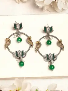 KARATCART Silver-Plated Kundan Studded Lotus Tribal Drop Earrings