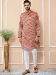 See Designs Ethnic Motifs Printed Mandarin Collar Jacquard Silk Straight Kurta