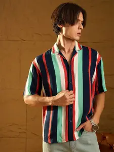 DENNISON Men Relaxed Cuban Collar Vertical Striped Oversized Casual Shirt