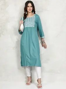 Vishudh Teal Blue Floral Embroidered Thread Work Round Neck Straight Kurta