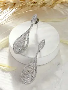 KARATCART Silver-Plated Teardrop Shaped American Diamond Drop Earrings