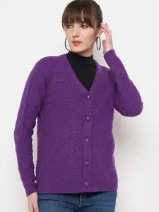 Madame Women V-Neck Self Design Cardigan Sweater