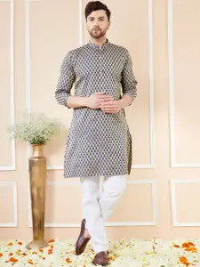 See Designs Ethnic Motifs Printed Mandarin Collar Jacquard Silk Straight Kurta