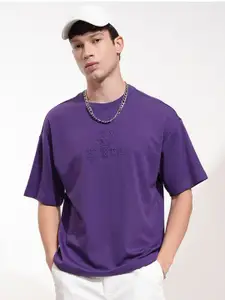 HIGHLANDER Men Self Design Round Neck Cotton Oversized T-shirt