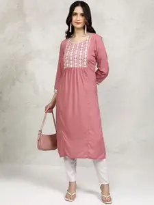 Vishudh Peach-Coloured Floral Embroidered Thread Work Round Neck Straight Kurta