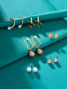 Yellow Chimes Set of 6 Gold-Plated Stone Studded and Pearls Beaded Studs & Hoop Earrings