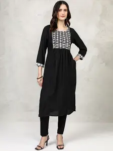 Vishudh Black Floral Embroidered Thread Work Round Neck Straight Kurta
