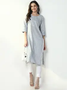 SHOWOFF Floral Printed Mirror Work Cotton Straight Kurta