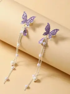 SUBHAGALANKAR Silver Plated Artificial Stones and Beads Butterfly Shaped Drop Earrings