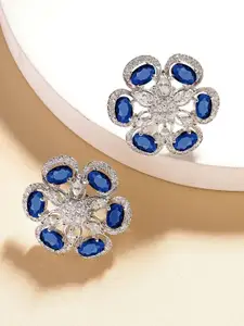 KARATCART Silver-Plated American Diamond Studded Elegant Floral Design Studs Earrings