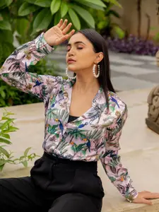 KALINI Women Spread Collar Animal Printed Satin Casual Shirt